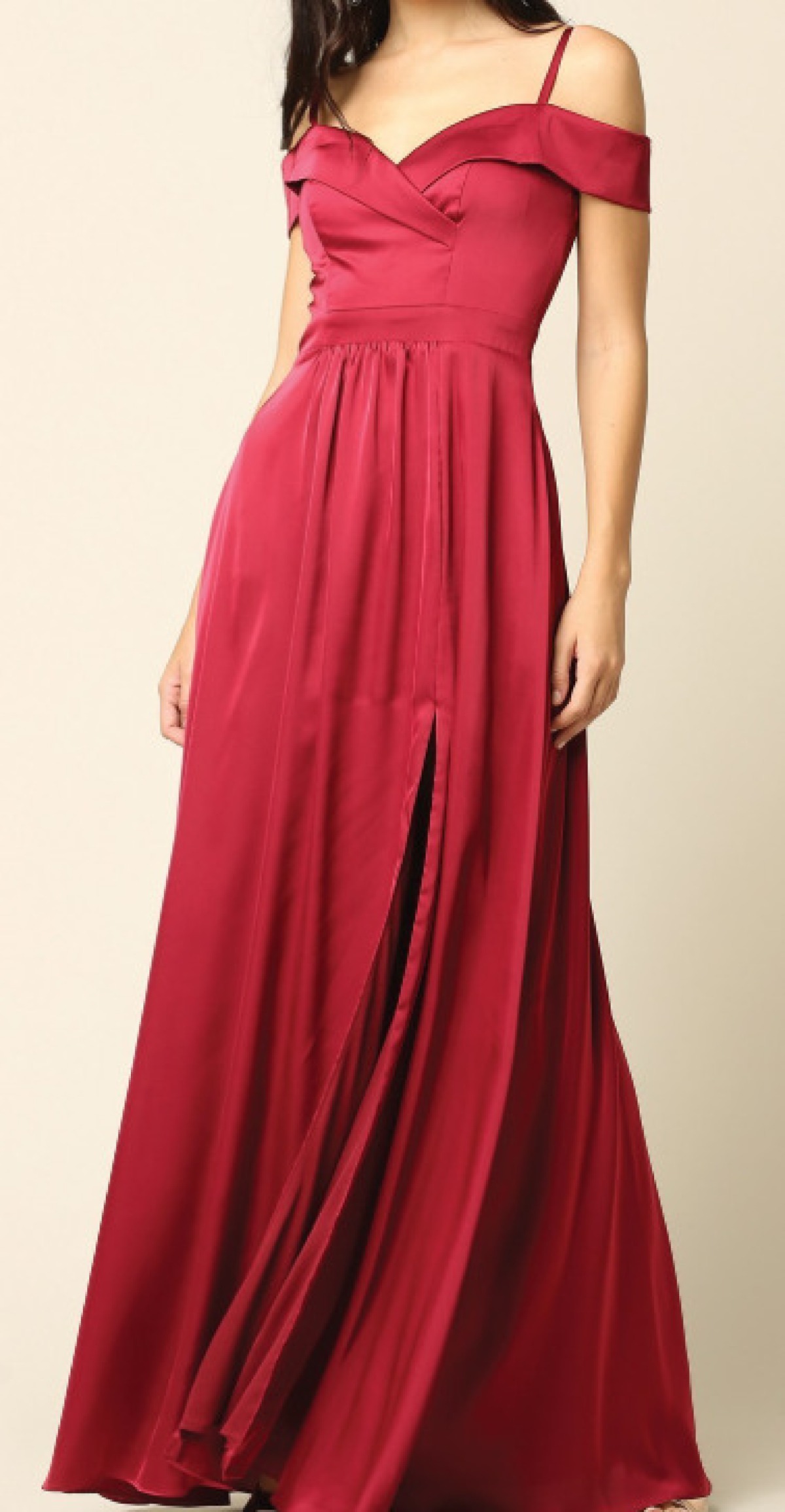 Crimson Whisper Off-Shoulder Gown