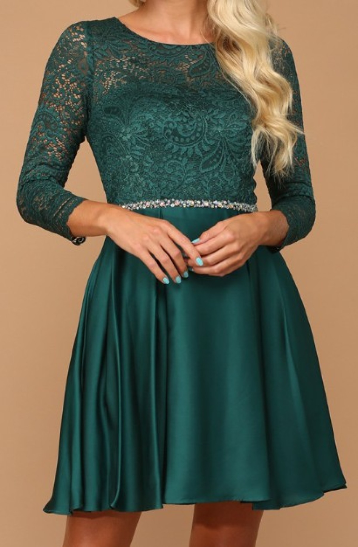 Emerald Elegance Lace Mini Dress